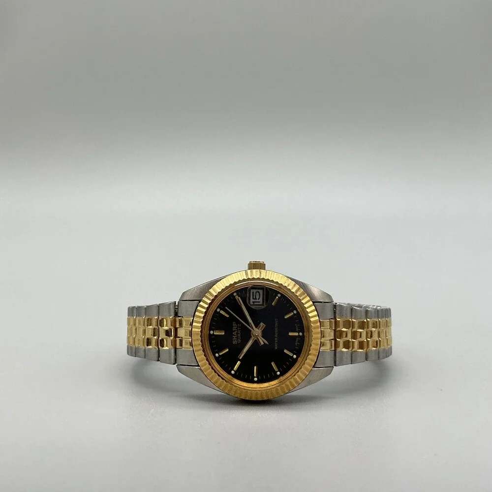 Vintage Sharp Womens Watch 24mm Black Dial Two Tone Stretch Band New Battery